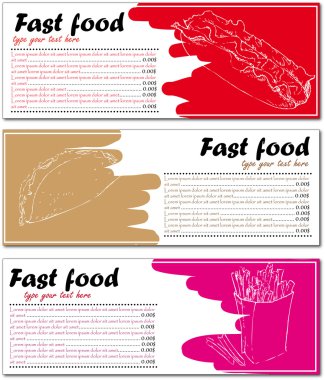 Fast food menü kartları sosisli tako ve patates kızartması ile