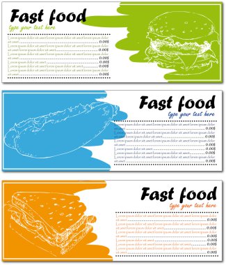 hamburger, sosisli sandviç ve bir sandviç Fast food menü kartları