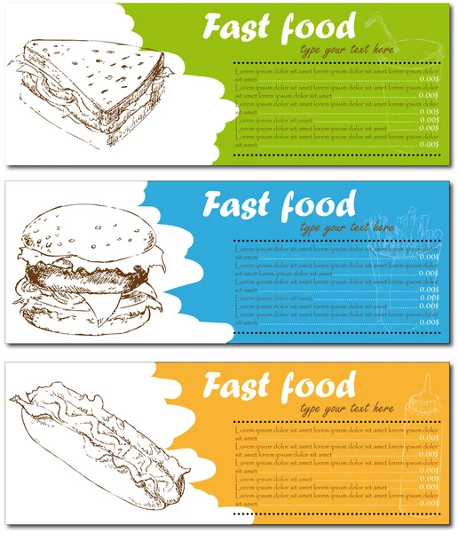 Tarjetas de menú de comida rápida con hamburguesa, hot dog y sándwich — Archivo Imágenes Vectoriales