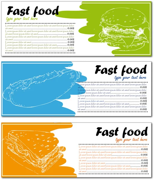 Tarjetas de menú de comida rápida con hamburguesa, hot dog y sándwich — Vector de stock