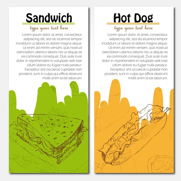 Fanor av snabbmat design med varmkorv och smörgås — Stock vektor