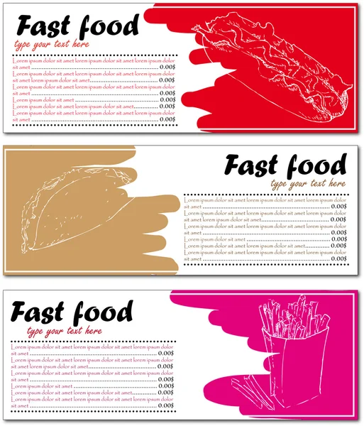 Tarjetas de menú de comida rápida con hot dog, taco y papas fritas — Vector de stock