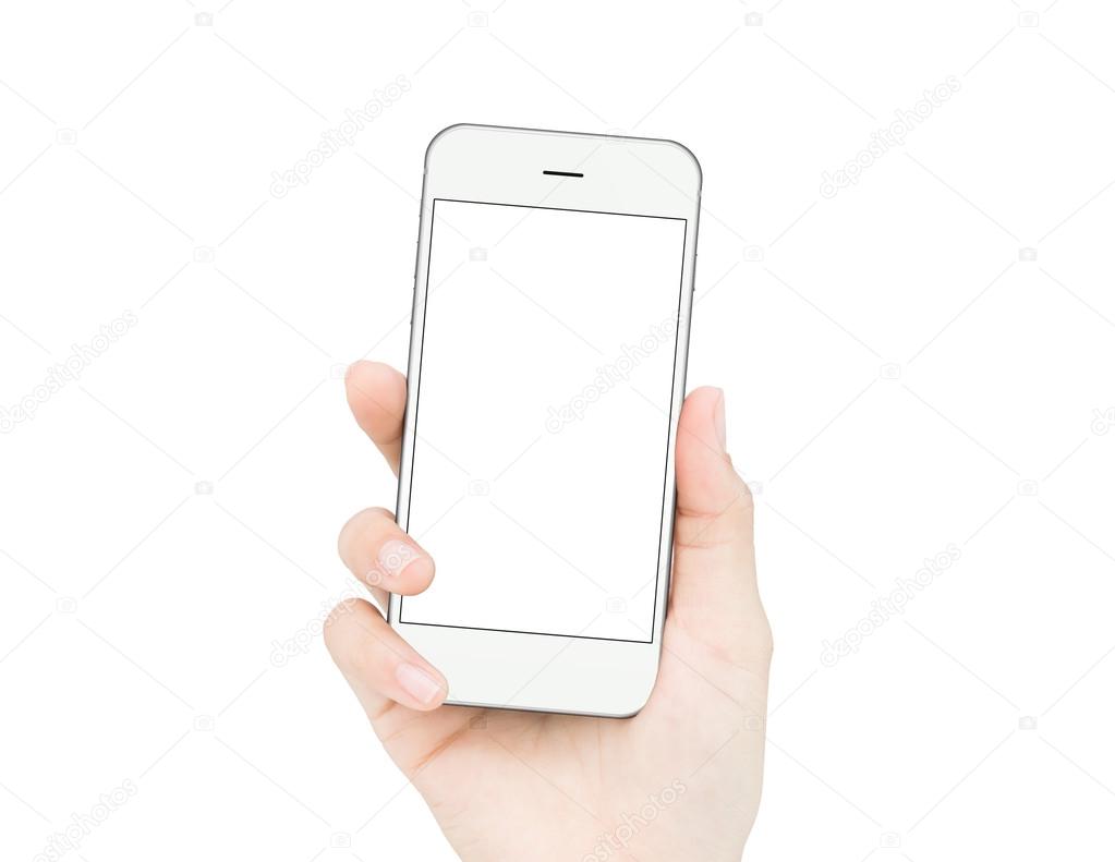 woman hand holding phone isolated clipping path inside image dat