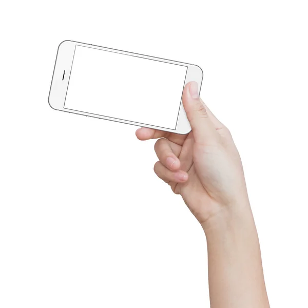 Beyaz telefon içindeki beyaz kırpma yolu üzerinde izole tutan el — Stok fotoğraf