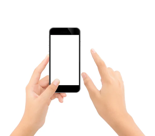 Telefon izole beyaz kırpma yolu üzerinde dokunmadan el yakın ins — Stok fotoğraf