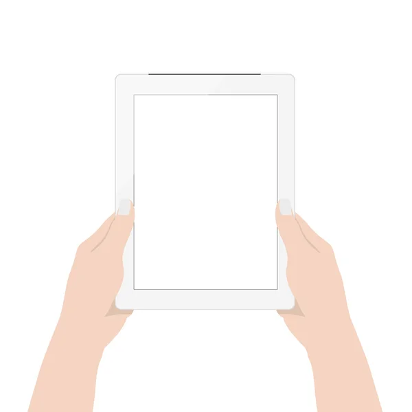 Projekt wektora, zbliżenie kobieta ręka za pomocą cyfrowej technologii tabletu pusty ekran wyświetlacz na białym tle — Wektor stockowy