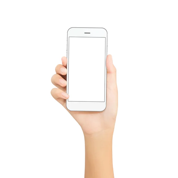 Kvinna hand hålla vit telefon isolerad på vita utklipp med clippi — Stockfoto