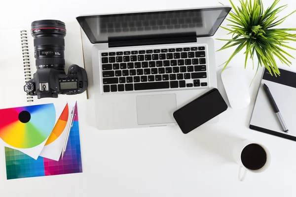 Photography work space on top view — Stock Photo, Image