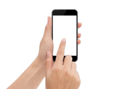 Beyaz arka plan üzerinde kırpma yoluyla izole el dokunmatik telefon