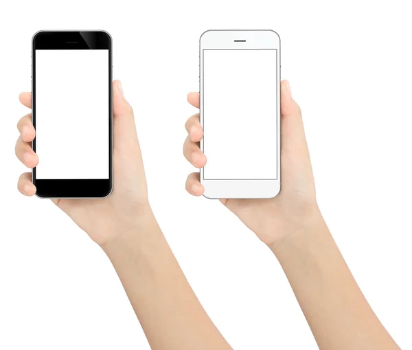 Hand hält schwarz-weißes Telefon isoliert weißen Clipping-Pfad — Stockfoto