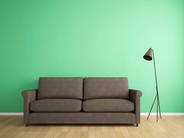 Sofá de tecido de decoração e parede verde — Fotografia de Stock