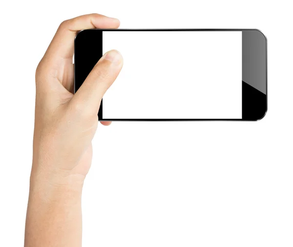 Closeup mão segurar smartphone isolado branco recorte caminho para dentro — Fotografia de Stock