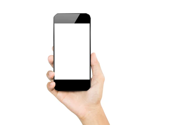 Fechar mão segurar smartphone móvel isolado no branco — Fotografia de Stock