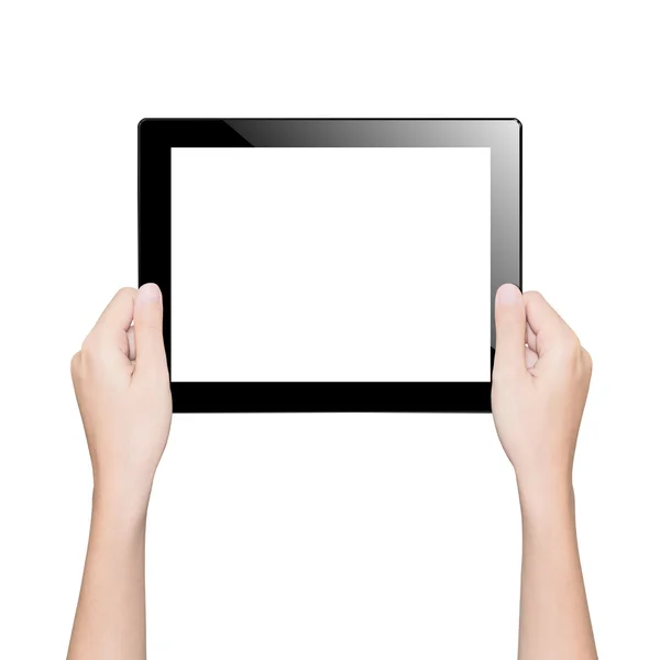 Nahaufnahme Hand hält Tablet isoliert weißen Clipping Pfad im Inneren — Stockfoto