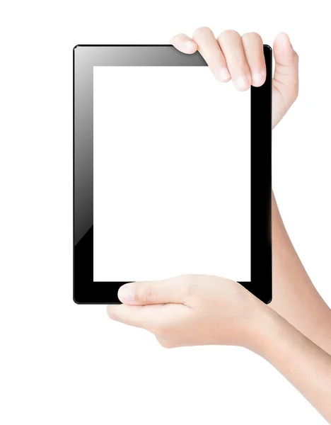 Main tenant tablette numérique isolé blanc clipping chemin à l'intérieur — Photo
