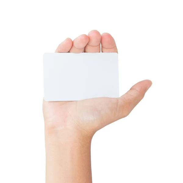 Ruce drží bílou kartu izolované ořezovou cestu uvnitř — Stock fotografie