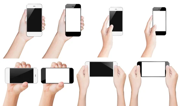 Mão segurar smartphone preto e branco isolado com caminho de recorte — Fotografia de Stock