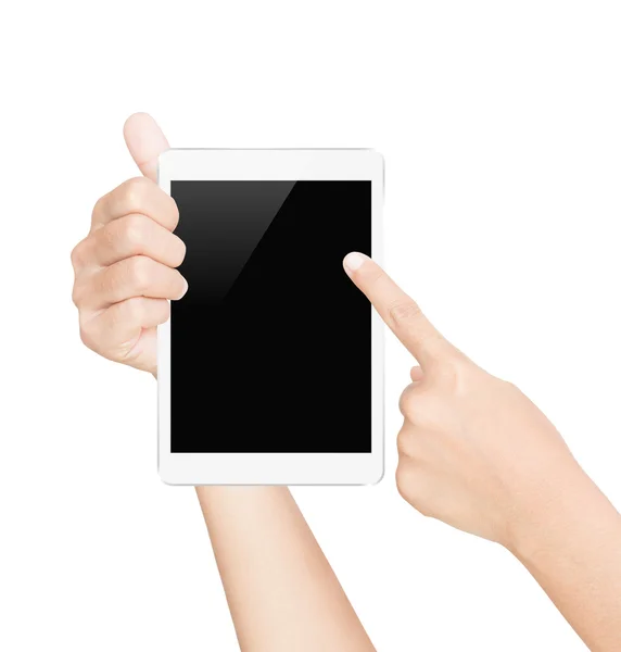 Рука тримає чорний екран планшета ізольований білий з відсічним контуром — стокове фото