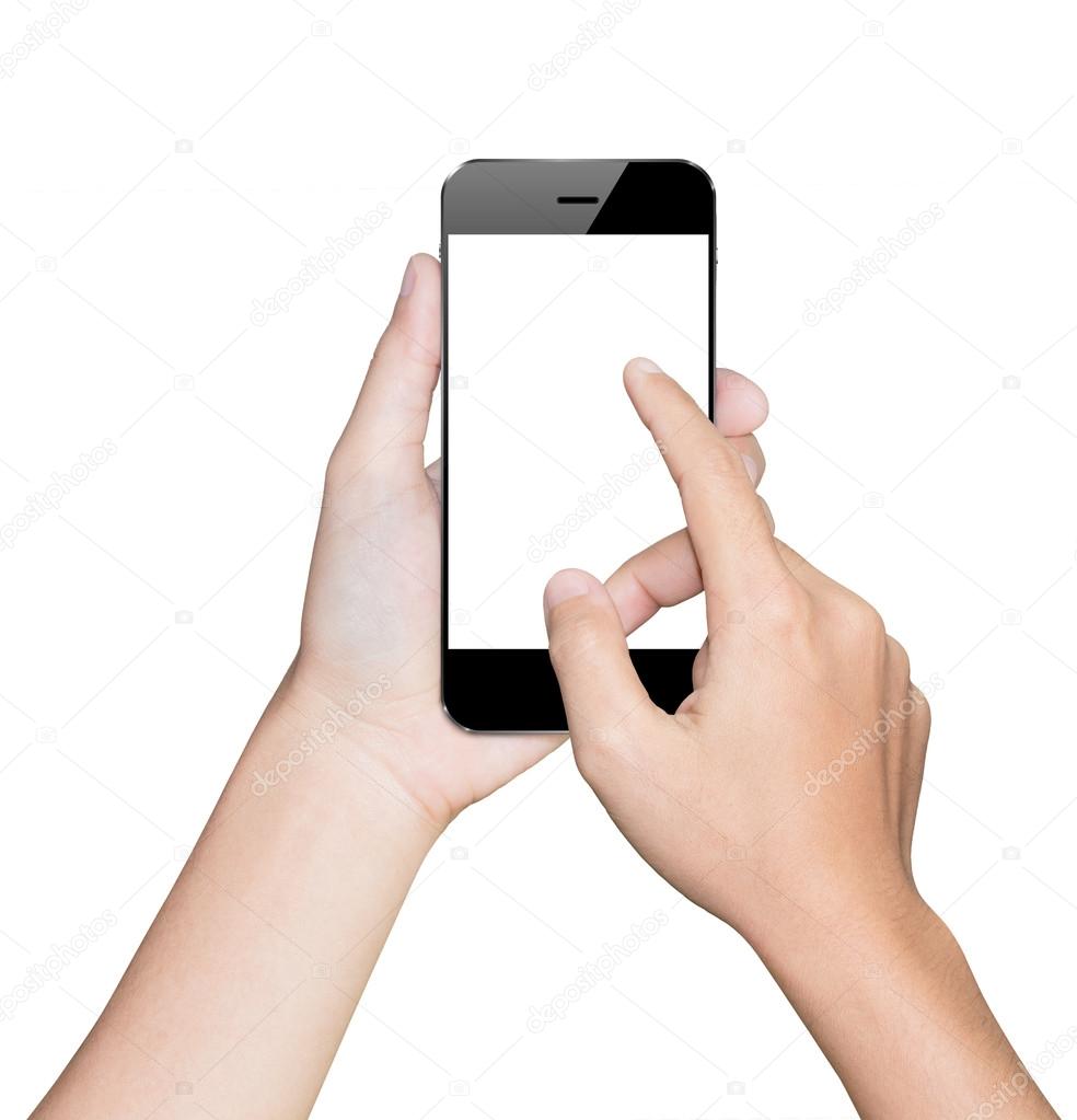 closeup hand using smartphone white mobile clipping path inside