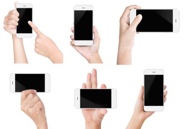 elini tut beyaz modern akıllı telefon göstermek perde göstermek izole 