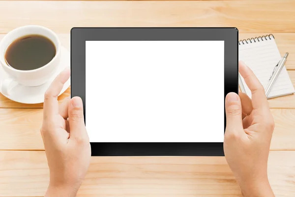 Close up hand using tablet white screen display — Stock Photo, Image