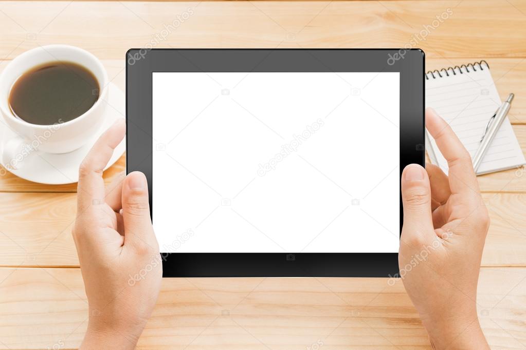 close up hand using tablet white screen display