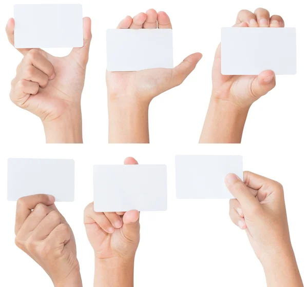 Mano mantenga en blanco tarjeta blanca aislado con ruta de recorte — Foto de Stock