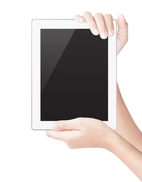 Ręka trzymać tabletki cyfrowy na białym tle obrzynek białą ścieżkę wewnątrz — Zdjęcie stockowe