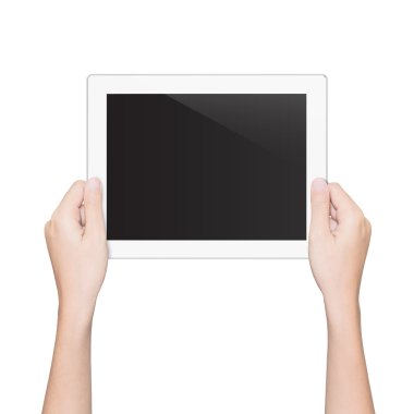 Tablet izole beyaz kırpma yolu içinde tutan closeup el
