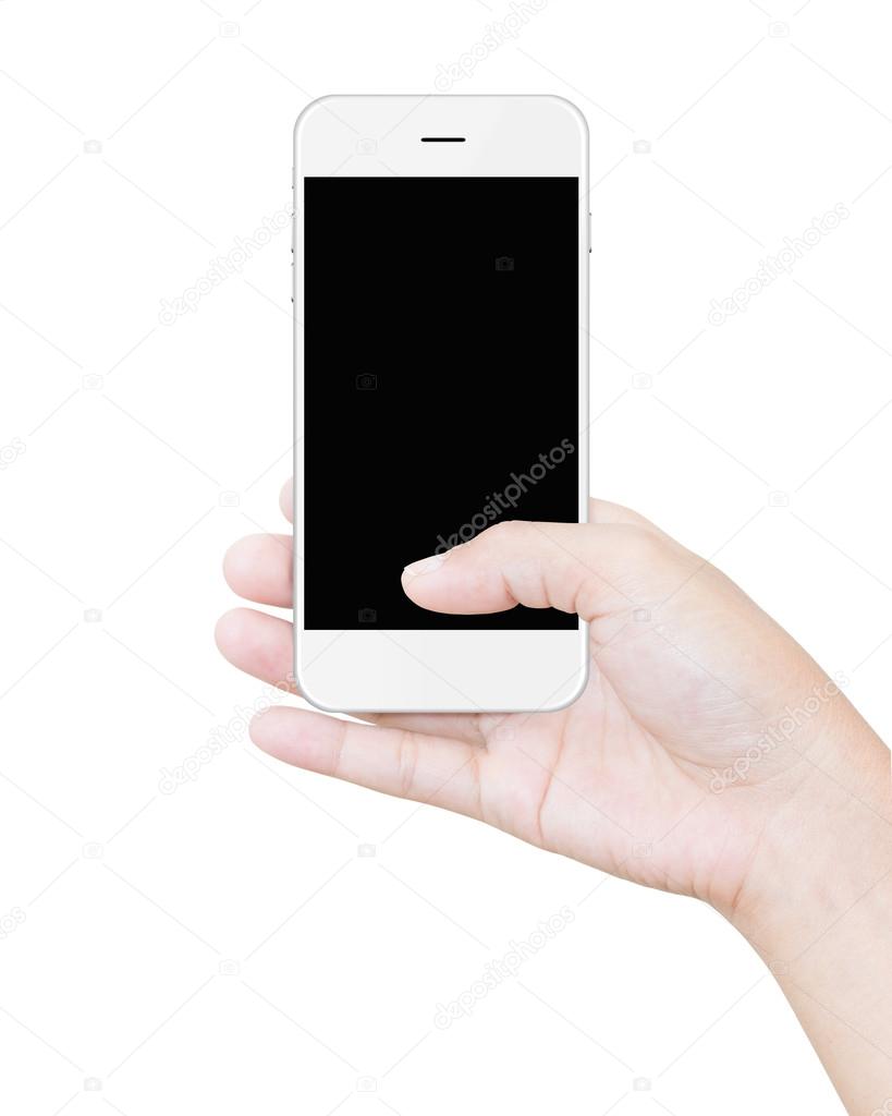 hand holding white smartphone clipping path screen display isola