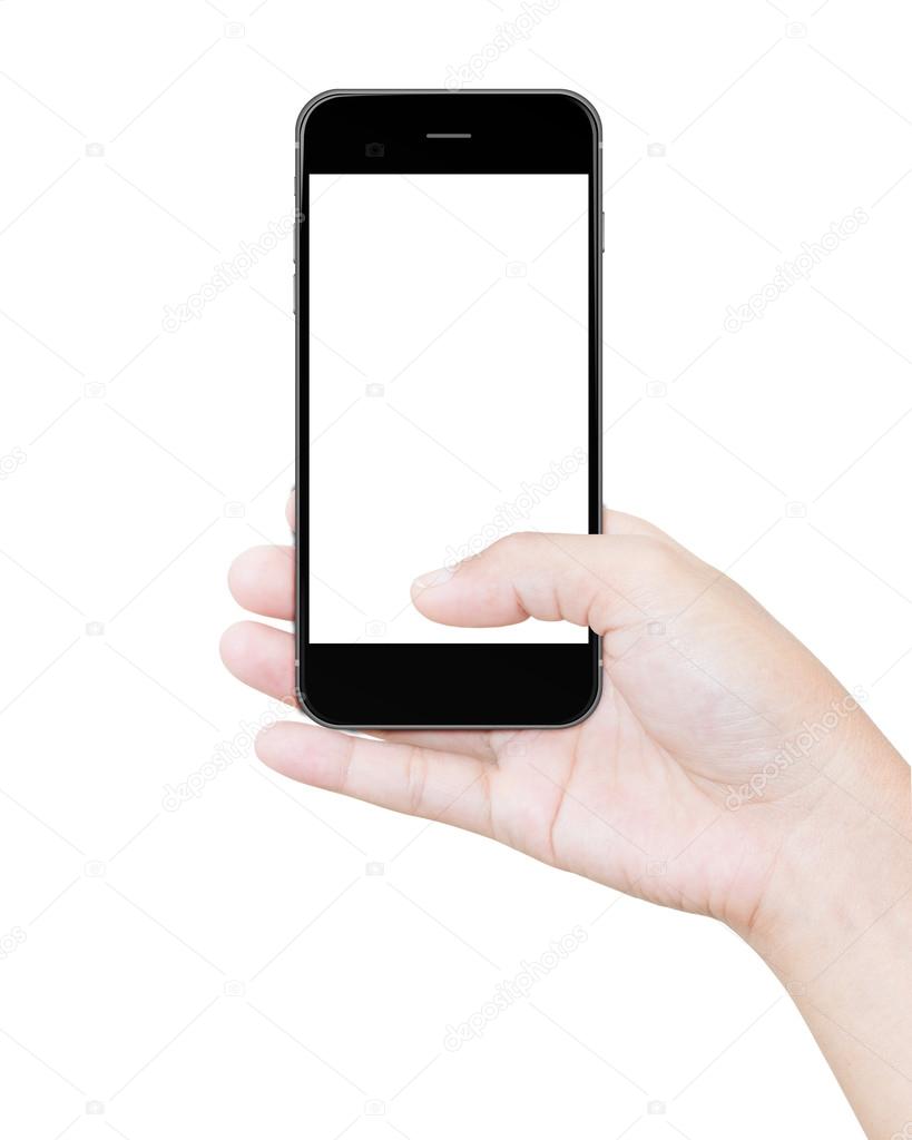 hand holding black smartphone clipping path screen display isola