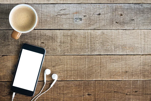 Telefono e caffè su legno spazio vuoto — Foto Stock