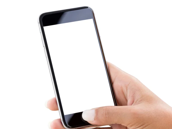 Zbliżenie dłoni przy użyciu telefonu na białym tle obrzynek biały patch wewnątrz — Zdjęcie stockowe
