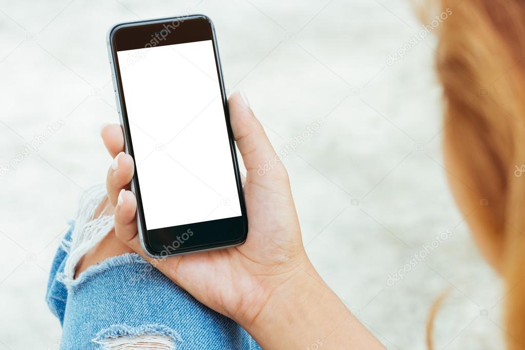 female using phone white screen display