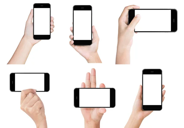 Mão segurar branco moderno telefone inteligente mostrar tela de exibição isolado — Fotografia de Stock
