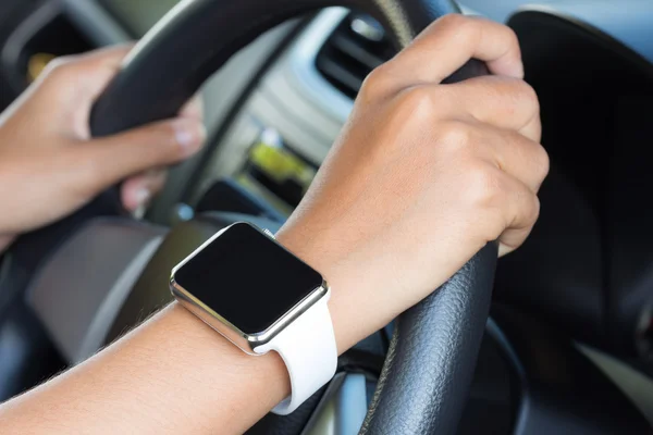 Closeup hand wear hand watch diving car — Stock Photo, Image