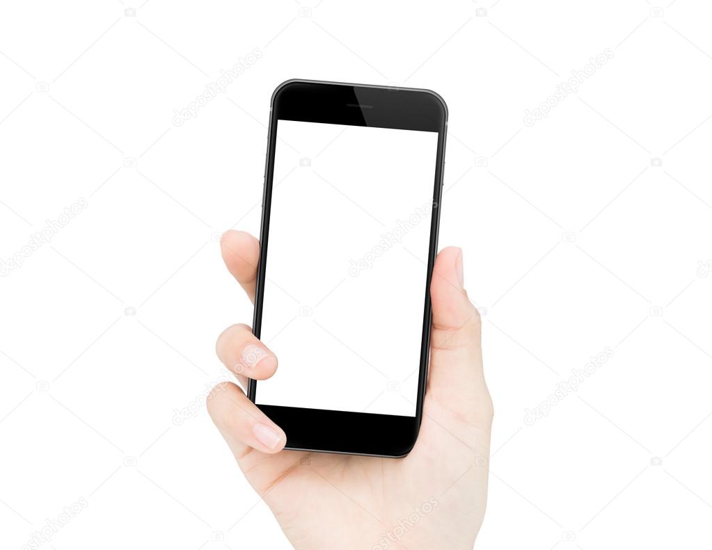 woman hand holding phone isolated clipping path inside