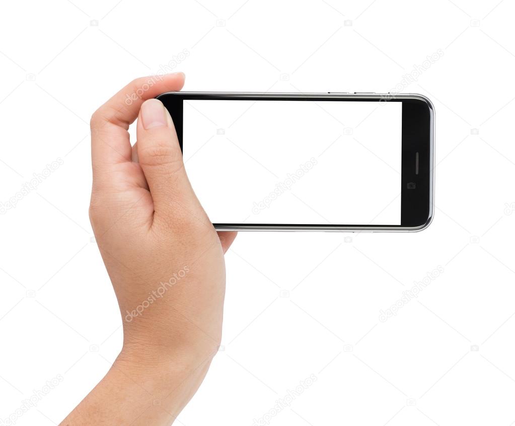 female hand holding phone white screen with clipping path inside
