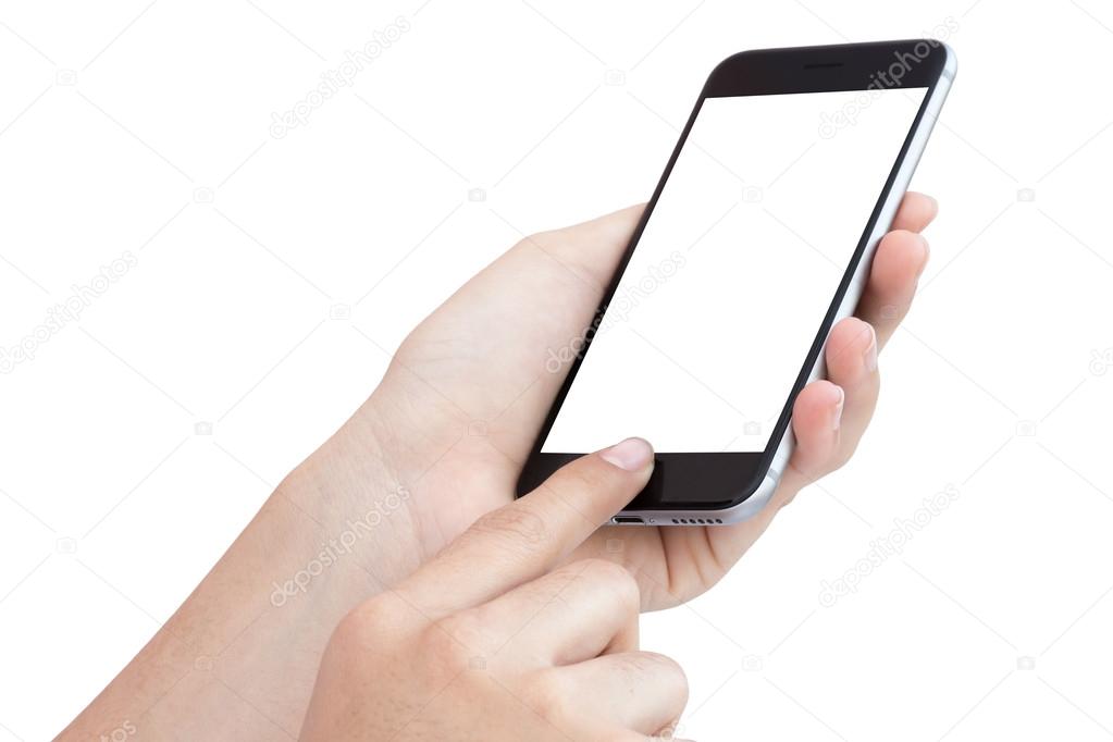 female hand using phone isolated on white background
