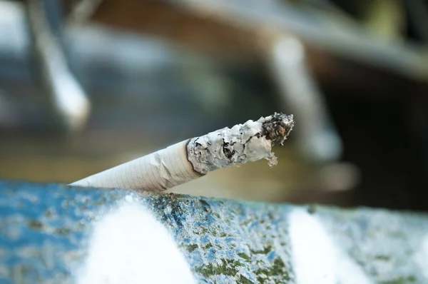 Close-up de bunda acesa cigarro descansando em uma parede — Fotografia de Stock