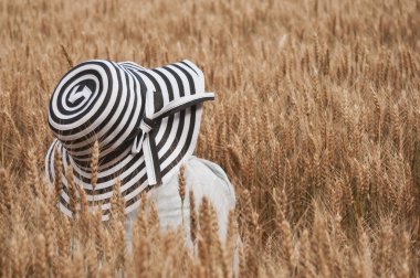 Bir buğday alanında şapkalı kadın