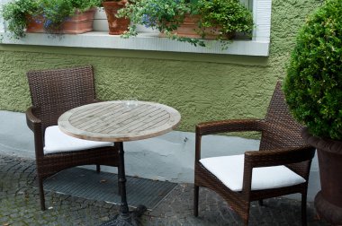 Teras restoranın dekoratif bitkiler ile