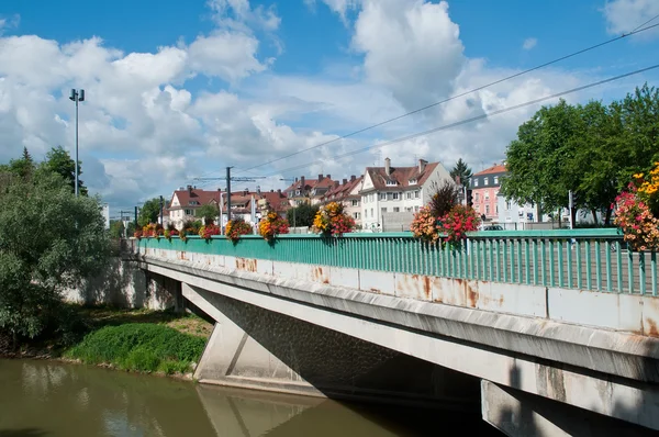 Panorama of Mulhouse metalic bridge over the river Il — Stock Photo, Image