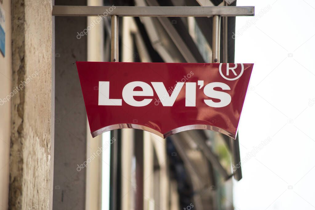 Lisbon - Portugal - 30 September 2020 - Closeup of levi's signage on fashion store front