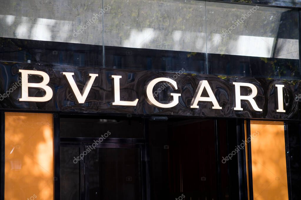 Paris - France - 26 October 2020 - Closeup of BVLGARI logo on the famous jewelry store
