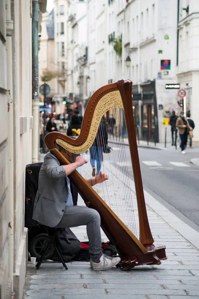 Париж Франция Октября 2020 Портрет Музыканта Играющего Арфе Улице — стоковое фото