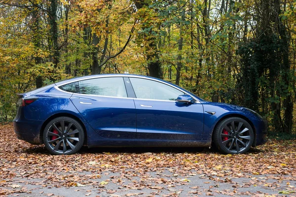 Mulhouse Francja Listopada 2020 Widok Profilu Niebieskiego Samochodu Tesla Zaparkowanego — Zdjęcie stockowe