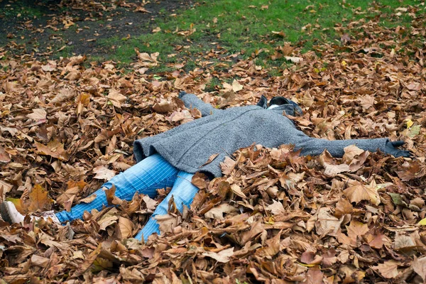 Portrét Ženy Ležící Podzimním Listí Veřejné Zahradě — Stock fotografie