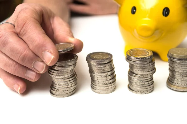 Closeup Hand Woman Stacking Euro Coins White Table Yellow Piggy — Stock Photo, Image