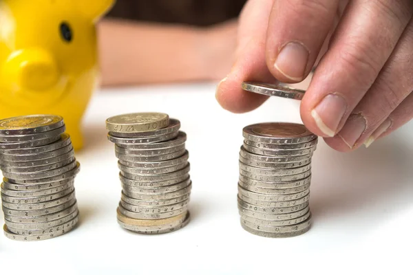 Closeup Hand Woman Stacking Euro Coins White Table Yellow Piggy — Stock Photo, Image